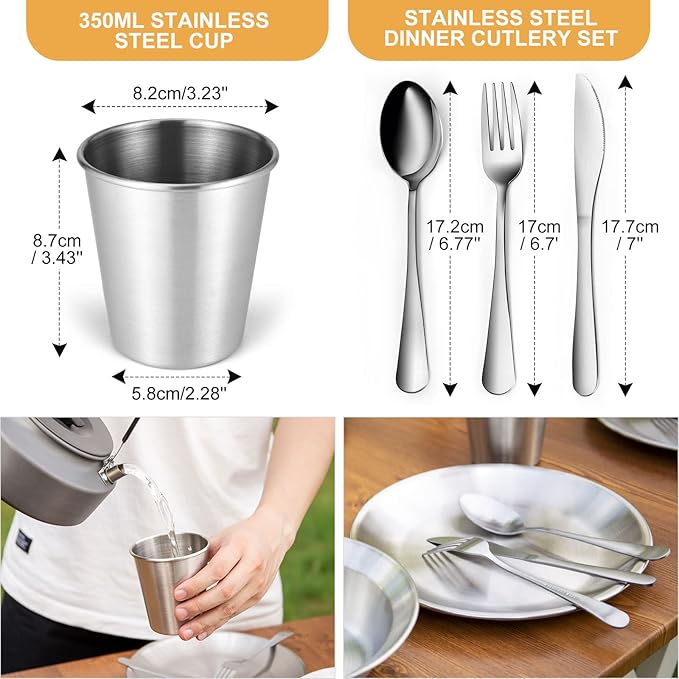 Odoland Camping Complete Messware Kit, Polished Stainless Steel Camp Dinnerware, Camping Cooking Tableware, Cutlery Organizer Utensil with Plates and Bowls Set for Backpacking, Hiking, Picnic