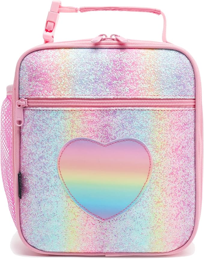 FlowFly Kids Lunch box Insulated Soft Bag Mini Cooler Back to School Thermal Meal Tote Kit for Girls, Boys, Glitter-RainBow