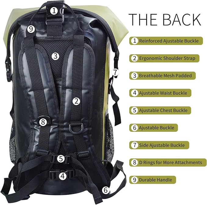 SEPEAK 35L Waterproof Dry Bag Backpack IPX6, Roll-Top Closure Bag Boating & Kayak Accessories - Essentials for Camping Swimming Beach Fishing Rafting Travel,Green