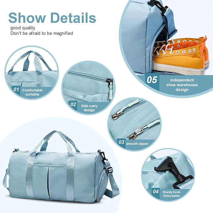ZGWJ Sports Gym Bag with Wet Pocket & Shoes Compartment, Waterproof Shoulder Weekender Bag for Women and Men Swim Sports Travel Gym Bag Lightweight and easy Carry on Light Blue