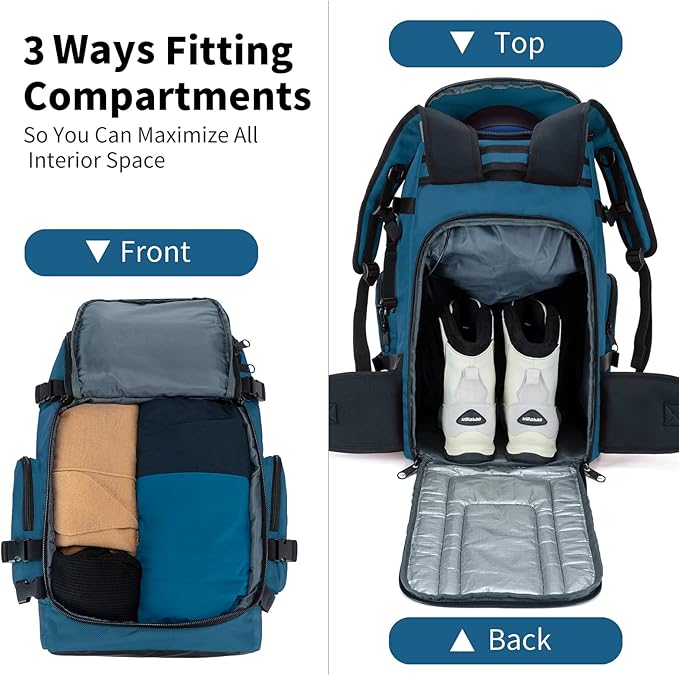 Ski Boot Bag Backpack, 50L Large Capacity Water-Resistant Padded Ski Travel Bag & Snowboard Boot Bag for Ski Boots, Helmet, Goggles, Clothes, Gloves, Snowboard Gear (Indigo)