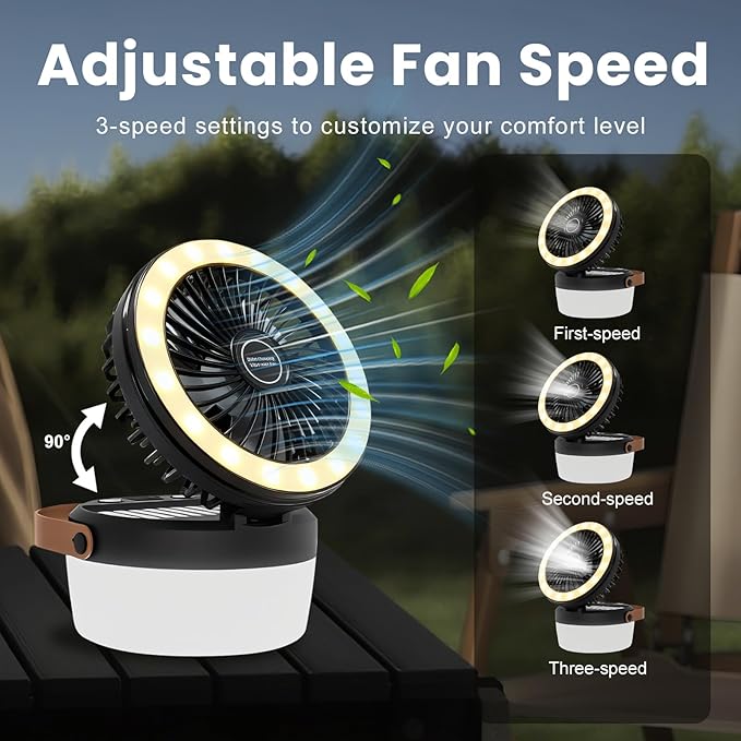 Solar Camping Fan Rechargeable Camping Light, Folding Solar Powered Fan for Outdoors, Portable utdoor Lights with USB Output for Camping Tent, Mountain, Emergency (Black)