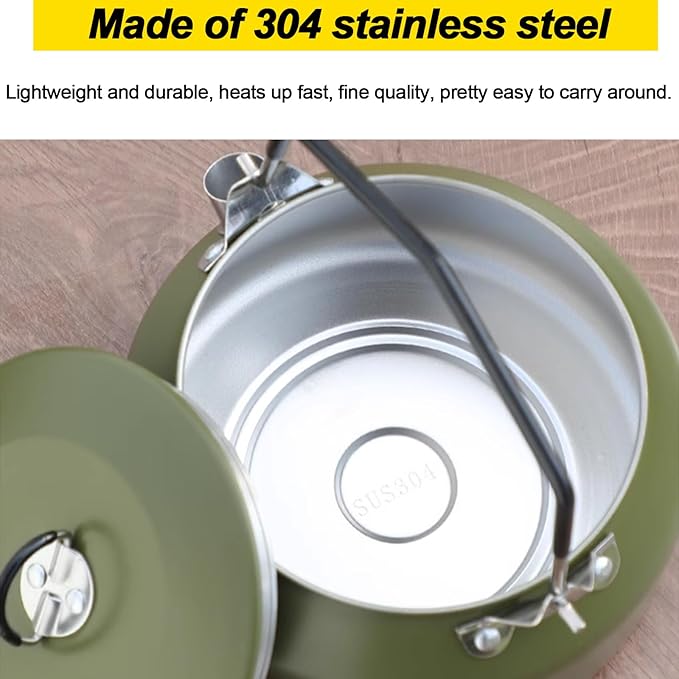 3PCS Camping Kettle Outdoor Campfire Camp Kettle Set with 2 Cups, 1L Stainless Steel camping tea kettle Coffee Pot, Portable Lightweight Teapot, Ideal for Hiking Picnic Travel, Green