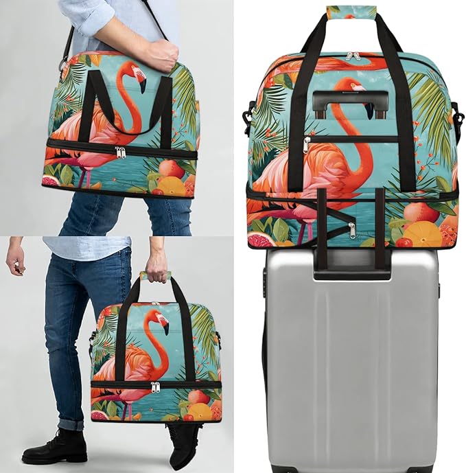 cfpolar Woman Travel Duffel Bag Tropical Flamingo Foldable Tote Carry On Luggage Sports Gym Bag With Shoe Compartment Overnight Weekend Yoga Workout Bag Training Handbag