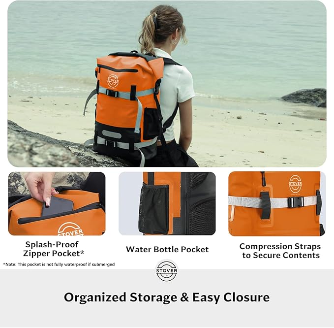 STOVER 5/10/25/30/40/55L Waterproof Dry Backpack & Phone Case- Large Floating Dry Bag for Kayaking, Travel, Hiking, Fishing, Camping, Motorcycles & Beach, Heavy-Duty Roll Top Men/Women (Orange)
