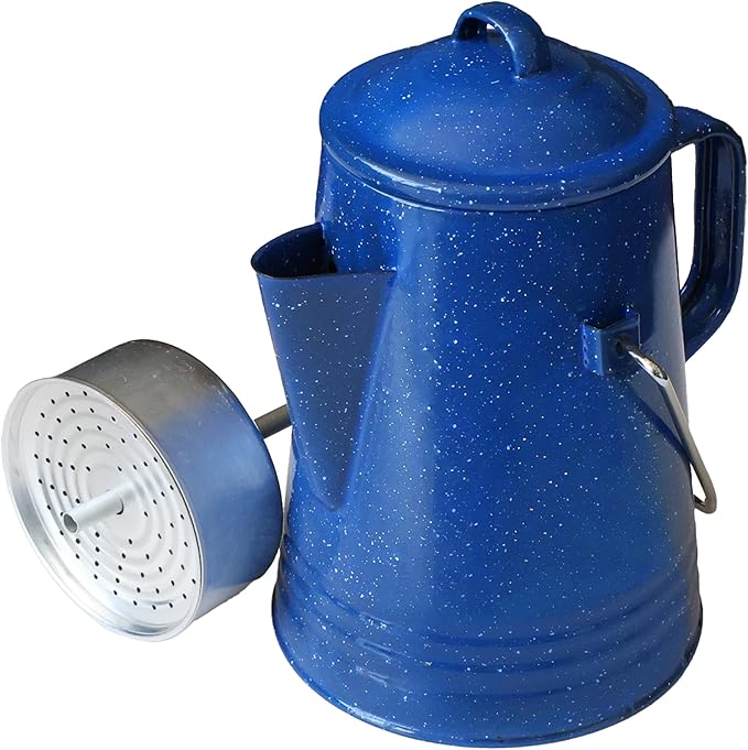 Grip Coffee Percolator (Blue) - Durable Glazed Enamel Steel - Prepare Coffee Over the Fire - Camping, Hiking, Backpacking, Fishing, Hunting - (8 Cups)
