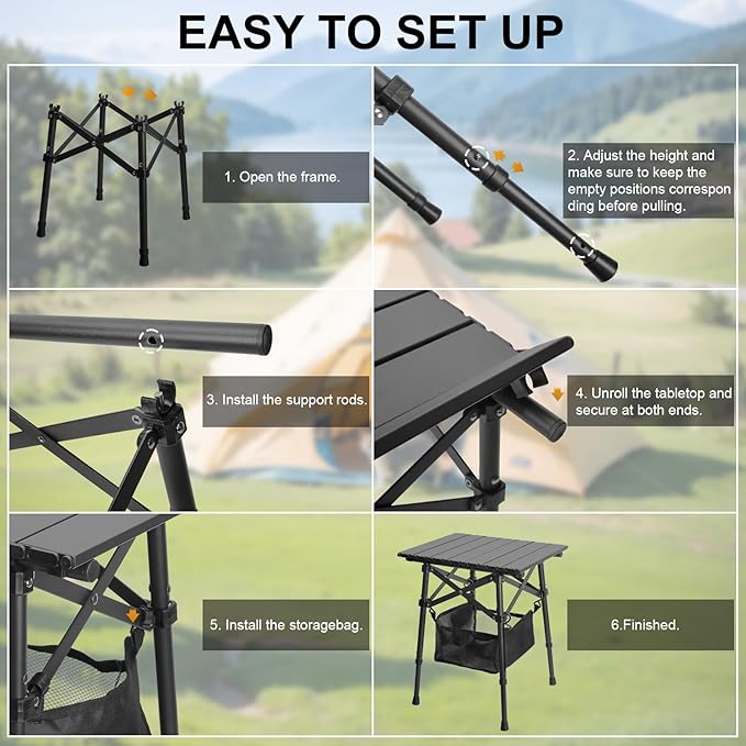 Folding Camping Table - Small Outdoor Table with Storage Bag - Adjustable Height 14.2'' & 18.9'', Portable Lightweight Aluminum Foldable Side Table for Picnic, BBQ, Beach & Tailgating