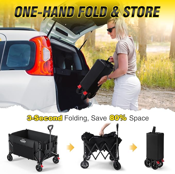 Elegear Wagon Cart Foldable Collapsible 150L 360LBS - Heavy Duty Large Capacity Utility Beach Wagon with 360° All-Terrain Wheels & Smallest Folding Design for Camping Garden Grocery Sports Shopping