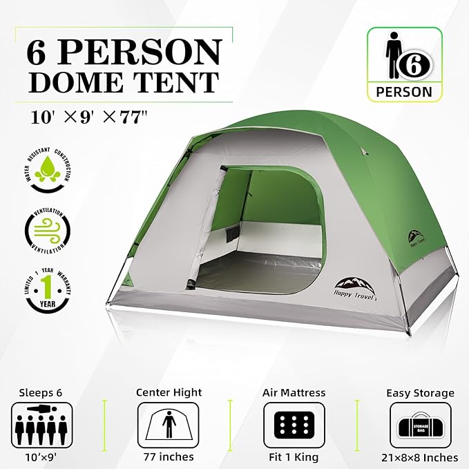 Happy Travel Camping Tent, 6 Person Dome Tents for Camping with Rainfly, Waterproof Clip Easy Setup Portable Family Tent with Mesh Windows, 20% More Headroom Backpacking Tents for Camping & Hiking