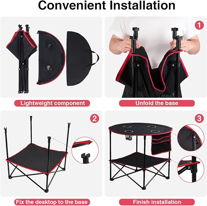 LEADALLWAY Camping Table Folding Picnic Table with 4 Cup Holders and Side Storage Bag Collapsible Canvas Portable Tables Folding with Carry Bags for BBQ Outdoor Fishing