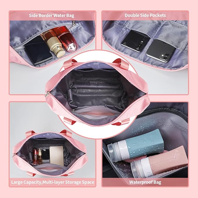 Expandable Travel Duffel Tote Bag - Foldable Overnight Weekender, Carry-On, Swim & Gym Bag - Fits Spirit Airlines Personal Item Size - Lightweight, Waterproof & Durable with Trolley Sleeve, Light Pink