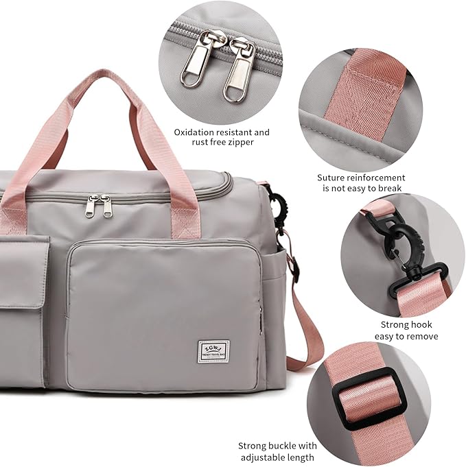 Travel Duffel Tote Bag with Dry Wet Separation Pocket, Weekender Bag for Women and Men,Waterproof Bag with Shoe Compartment Lightweight and Easy Carry on Grey
