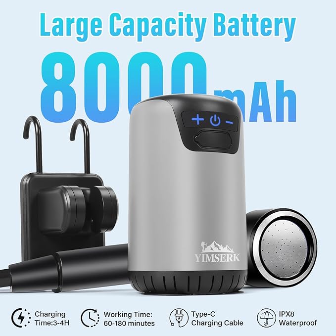8000mAh Portable Camping Shower, 10-Speed Camp Shower Pump, LED Display, 4 Spray Modes, IPX8 Waterproof Outdoor Shower Kit for Hiking, Travel, Pet, Car Wash