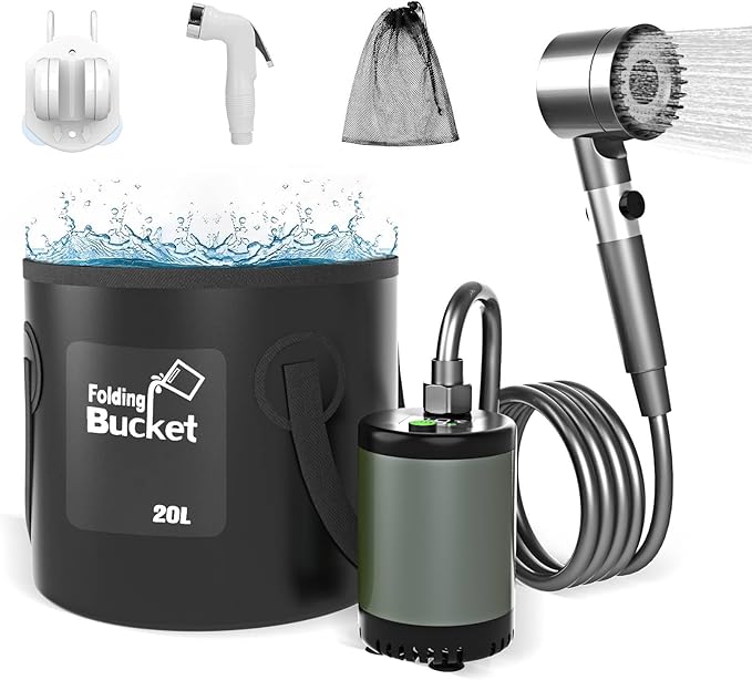 Portable Camping Outdoor Shower Kit with 20L Collapsible Bucket 10000mAH Rechargeable Electric Intelligent Digital Display Shower Pump for Outside Hiking Dog Bath Beach Traveling (Grey)