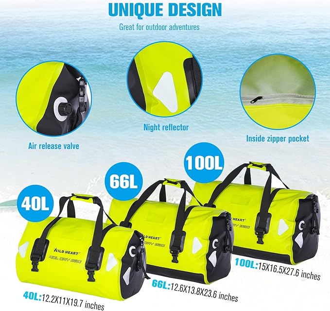 WILD HEART Waterproof Motorcycle Duffel Bag PVC500D Double-bottom With Rope Straps and Inner Pocket 40L 66L 100L for Kayaking, Camping, Boating,Motorcycle
