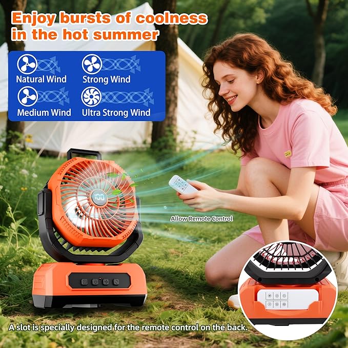 Roykaw Camping Fan 20800mAh Rechargeable Battery Powered Fan for 60 Hrs Cooling, Oscillating Fan with Battery Level Display, Colorful LED Lights & Timer Function, Fit for Fishing/Office, Orange