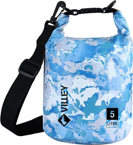 VILLEY Dry Bag Waterproof 5L Roll Top Sack Keeps Gear Dry Lightweight Dry Sack for Kayaking Boating Camping Swimming and Beach Adventures Blue Camo