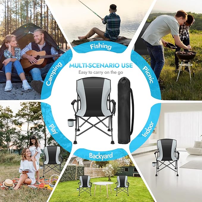 2 Pack Oversized Folding Camping Chair for Adults, Supports 450 LBS Camping Chairs, Heavy Duty Camping Chair with Side Pockets, Foldable Outdoor Chair for Camping, Beach, Fishing, Hiking, Black-Gray