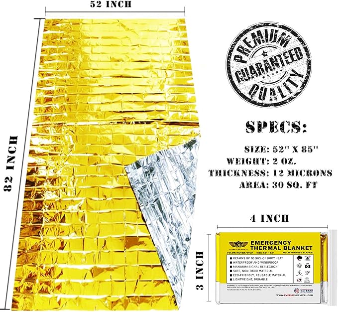 EVERLIT Emergency Mylar Thermal Blankets -Space Blanket Survival kit Camping Blanket Perfect for Outdoors, Hiking, Survival, Bug Out Bag ,Marathons or First Aid 1(Gold & Silver, 4 Pack)
