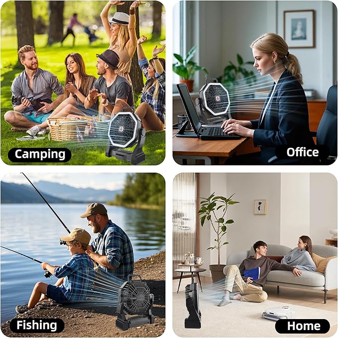 Roykaw Portable Camping Fan with 10400 mAh Rechargeable Battery, 36 Hrs Work, Ultra-bright LED Light & Cordless, Fit for Tent, Fishing, Bedroom, Office, Hurricane