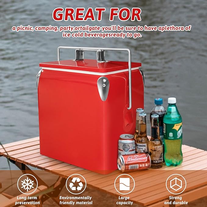 Retro Ice Chest Cooler with Bottle Opener 13L (14Qt), Stainless Steel Vintage Style Ice Bucket for Camping, Party, Beach, Picnic, RV, BBQ, Tailgating, Fishing