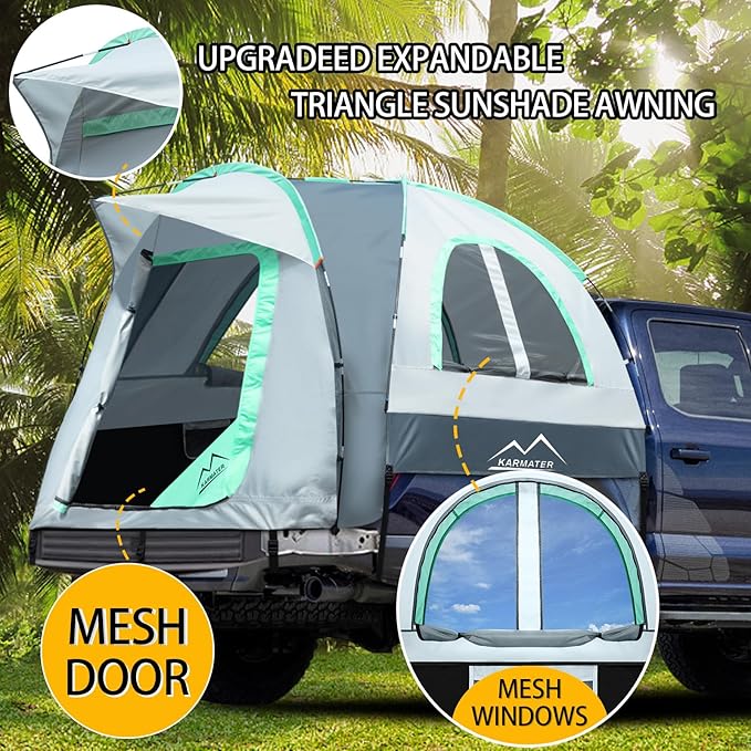 Pickup Truck Tent, Waterproof PU2000mm for Camping 5.5-6.5 Ft Bed, 2-Person Sleeping With Double Layer Design Windows, Expandable Triangle Sunshade Awning