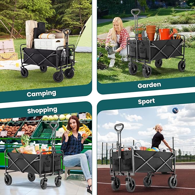 OLIXIS Heavy Duty Wagon Cart, 350 lbs Foldable Large Collapsible Wagons Carts with Wheels Smooth Maneuverability for All-Terrain, Suitable for Gardening, Camping, Beach - Black