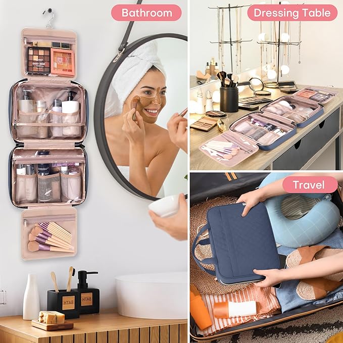 Travel Size Toiletry Bag for Women, Portable Cosmetic Bag with Hanging Hook, Travel Essentials Water-resistant Makeup Organizer for Accessories, Shampoo, Full-size Container, Toiletries