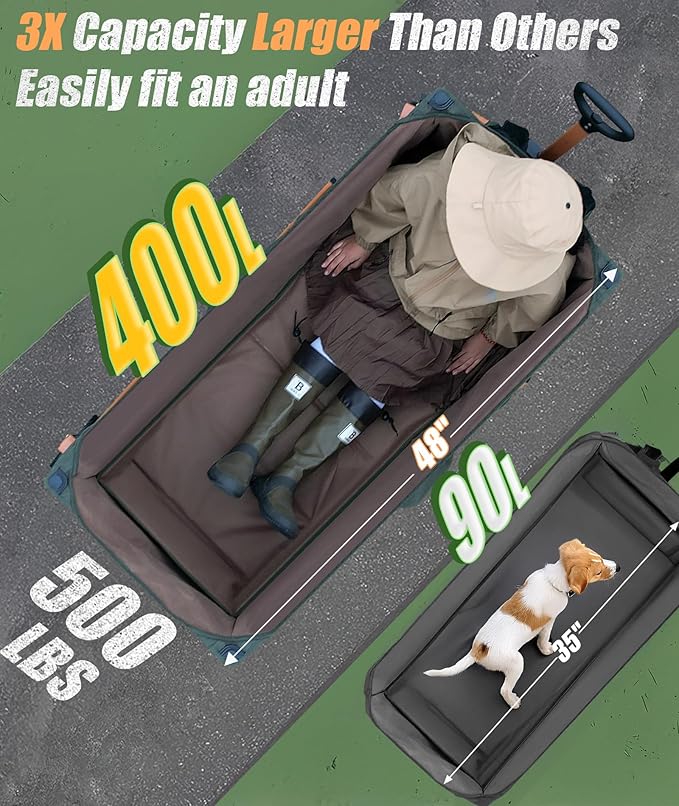 48โL Foldable Wagons Carts Extended, Collapsible Folding Wagon 500lbs Heavy Duty, 400L Large Beach Wagon, Utility Wagon with All Terrain Big Wheels for Sports, Camping, Grocery, Garden, Green