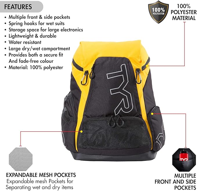 TYR Alliance Backpack, Black/Gold, 45 Liter