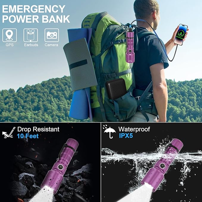 Flashlights High Lumens Rechargeable, 20000 Lumens Super Bright 1500 Meters Long Range Small Powerful Flashlight, 6 Modes LED Tactical Pocket Waterproof Flash Light for Home Emergency (2, Purple)