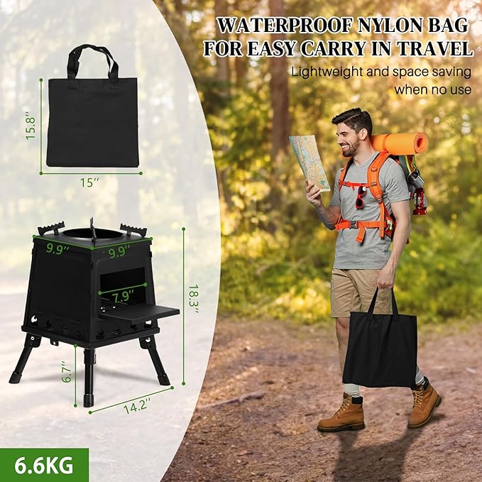 Outvita Camping Wood Stove, 14.2" Portable Folding Wood Burning Stove, Alloy Steel Backpacking Stove for Hiking, Outdoor Survival Stove Emergency for Picnic, Cooking Outside BBQ