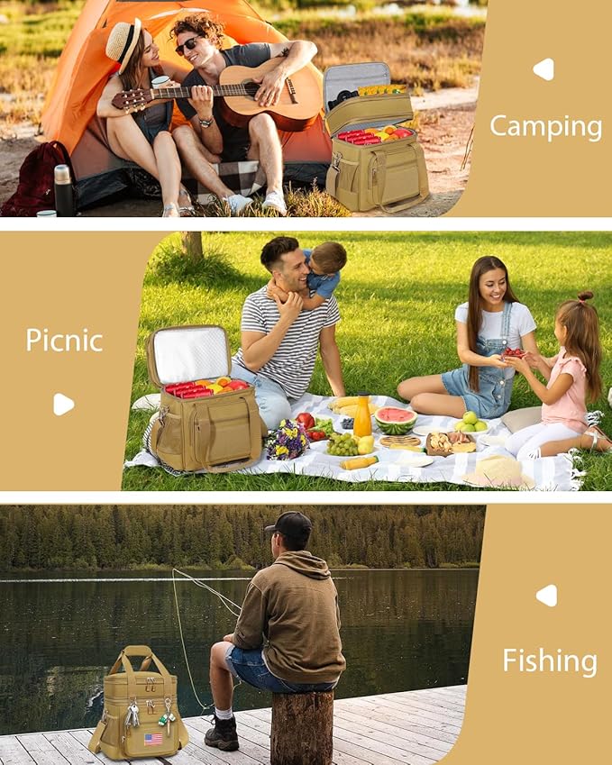 Double Deck Insulated Lunch Box, Expandable Large Lunch Bag Leakproof Cooler Bag Lunch Pail for Men Women Adults Work Shifts Travel Daytrip, Brown