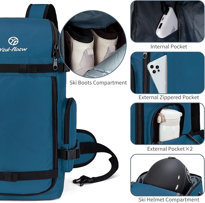 Ski Boot Bag Backpack, 50L Large Capacity Water-Resistant Padded Ski Travel Bag & Snowboard Boot Bag for Ski Boots, Helmet, Goggles, Clothes, Gloves, Snowboard Gear (Indigo)