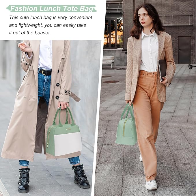 LOKASS Lunch Bag for Women-Insulated Adults Lunch Box with Front Pocket- Small Cute Lunch Tote for Work-Reusable Cooler Bag for Office Picnic Beach or Travel (Light Green)