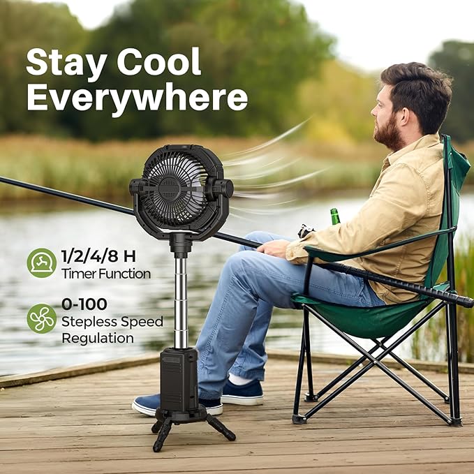 Portable Camping Fan, 20000mAh Rechargeable Fan with Lights, Battery Powered, with Remote &Hook, Height Adjustable, 360° Oscillation, for Outdoor, Tent, Travel, Fishing
