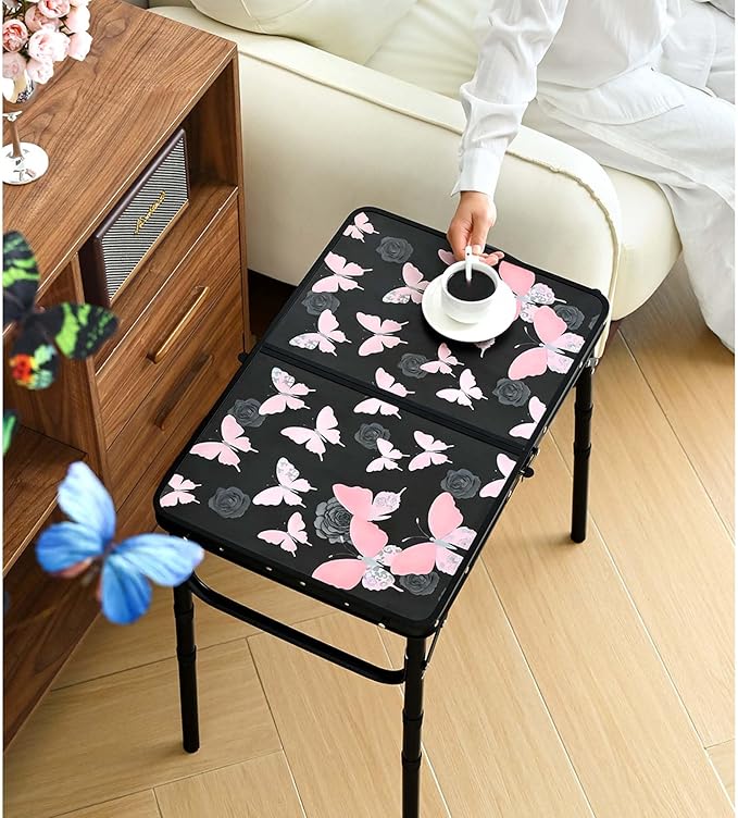 Small Camping Table, Vintage French Butterflies Pattern Folding Table, Adjustable Height, Lightweight & Portable Outdoor Picnic Table with Carry Handle for Patio, Living Room, Travel