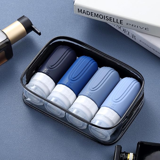 Travel Bottles for Toiletries, Tsa Approved 2oz Travel size Bottles, BPA Free Leak Proof Travel Toiletry Containers, Refillable Travel Accessories with Toiletry Bag for Shampoo Liquid (4 Pack)