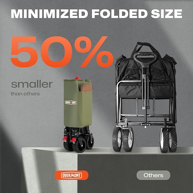 Overmont Collapsible Wagon Cart with Wheels - 220L Foldable Heavy Duty Wagon with Big All-Terrain Wheels - 330Lbs Weight Capacity with Side Pockets for Camping Sports Garden Grocery Shopping Green