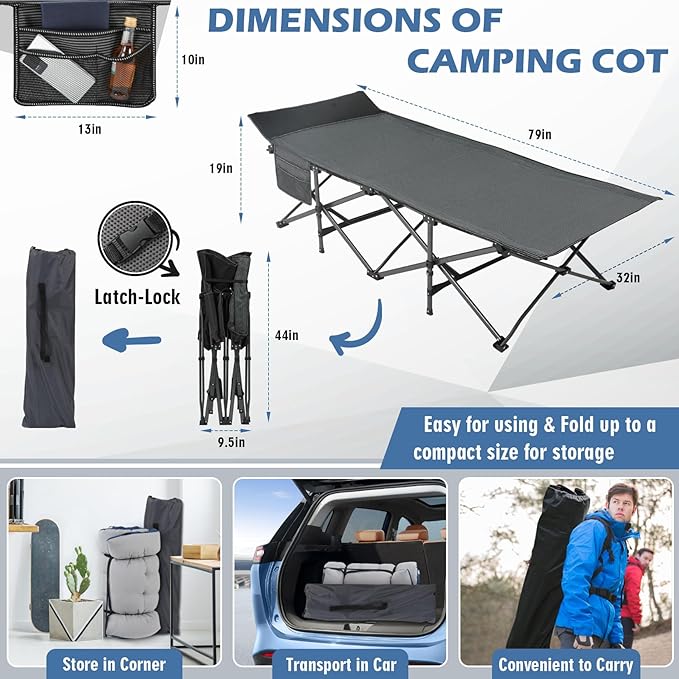 Oversized Folding Camping Cot 32inch w/Mattress, Heavy Duty Portable Sleeping Cot with Carry Bag, Double Layer Oxford Travel Camp Cots for Outdoors & Indoors, Suit for Adults Kids ,Navy/Grey