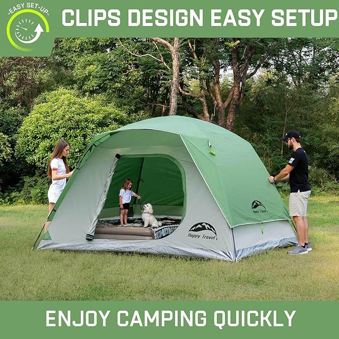 Happy Travel Camping Tent, 6 Person Dome Tents for Camping with Rainfly, Waterproof Clip Easy Setup Portable Family Tent with Mesh Windows, 20% More Headroom Backpacking Tents for Camping & Hiking