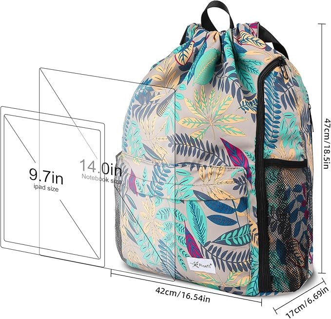 Drawstring Backpack with Mesh Pockets String Gym Bag Sackpack Sandproof Water Resistant Beach Backpack for Men Women