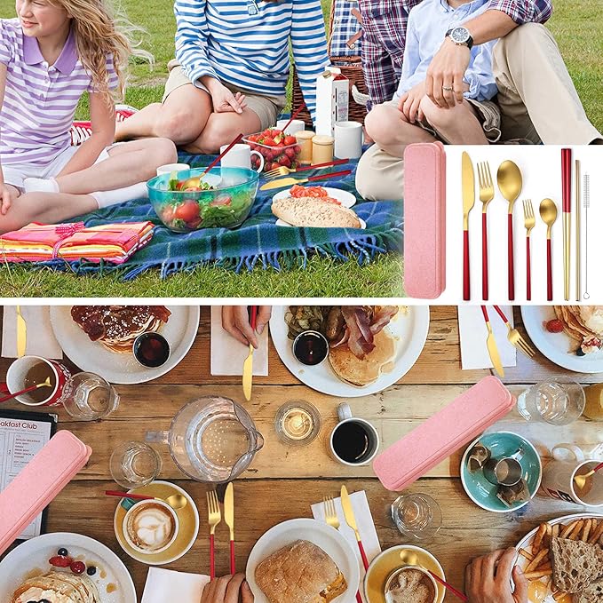 AARainbow 8 Pieces Stainless Steel Flatware Set Portable Reusable Cutlery Set Travel Utensils Set Including Chopsticks Knife Fork Spoon Straws Cleaning Brush Dishwasher Safe (B-Red Golden)