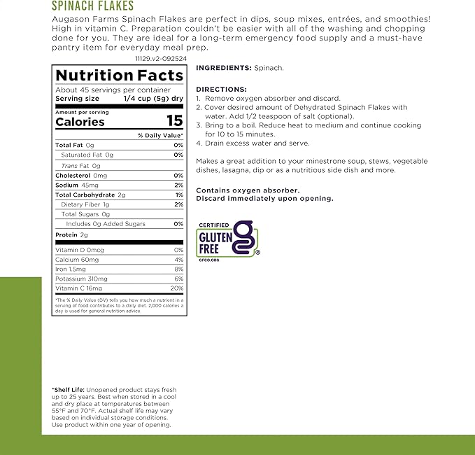 Augason Farms Dehydrated Spinach Flakes Can, Emergency Food Supply, Everyday Meals, 45 Servings
