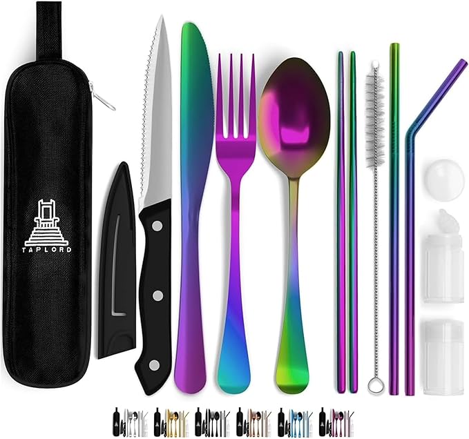 Portable Travel Silverware Set With Case, Includes 10 Pcs of Travel Utensils With Case, Stainless Steel Flatware Set For Camping, Lightweight (Multi-Color)