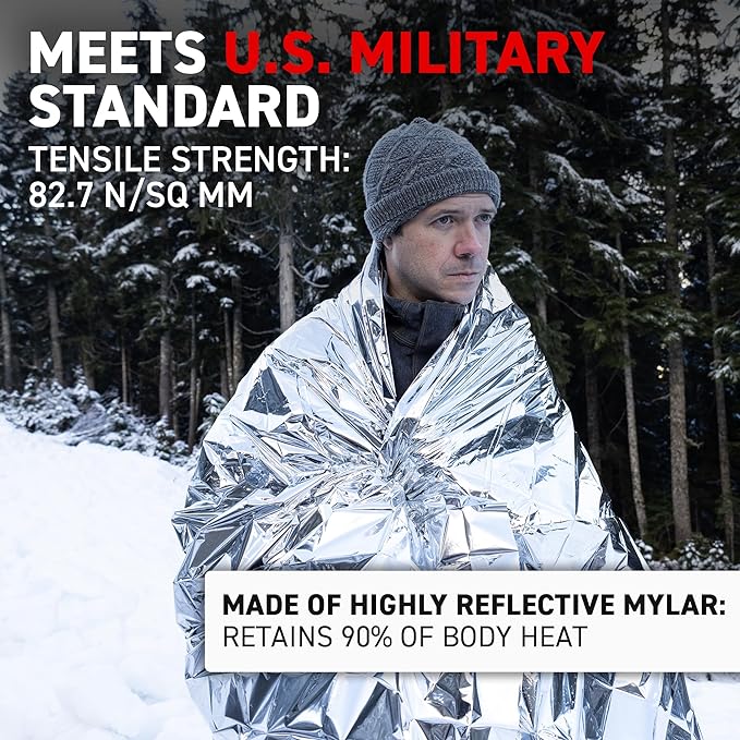 72 HRS Large Emergency Mylar Space Blankets 4-Pack, MIL-SPEC 54″ × 88″ Thermal Survival Foil – Retains 90% Body Heat, Waterproof Reflective Blanket for Camping, Hiking, Marathon, First Aid