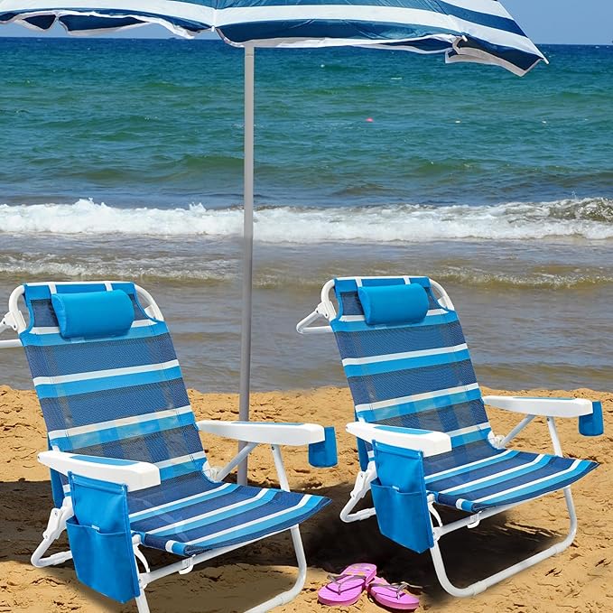 Beach Chair 2 Pack, 5 Positions Textilene Folding Reclining Beach Chair with Backpack Straps, Cooler Bag & Cup Holder for Outdoor Lawn Camping
