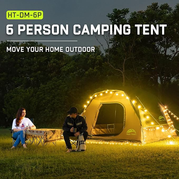 Happy Travel Camping Tent, 6 Person Dome Tents for Camping with Rainfly, Waterproof Clip Easy Setup Portable Family Tent with Mesh Windows, 20% More Headroom Backpacking Tents for Camping & Hiking