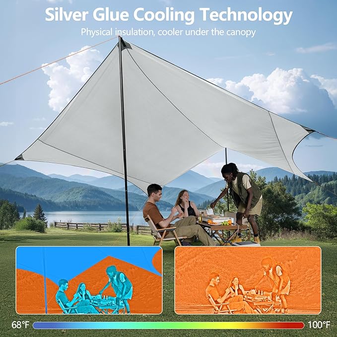 Camping Tarp with Poles & Retainer,15x12.5FT Large Waterproof 210D Oxford Cloth Camping Canopy, Anti-UV UPF100+ Tent Tarp Car Awning for Outdoor, Picnic, Hammock, Car, Backpacking(Green)