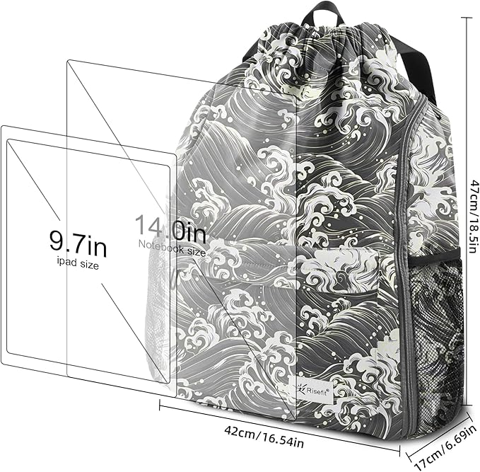 Drawstring Backpack with Mesh Pockets String Gym Bag Sackpack Sandproof Water Resistant Beach Backpack for Men Women